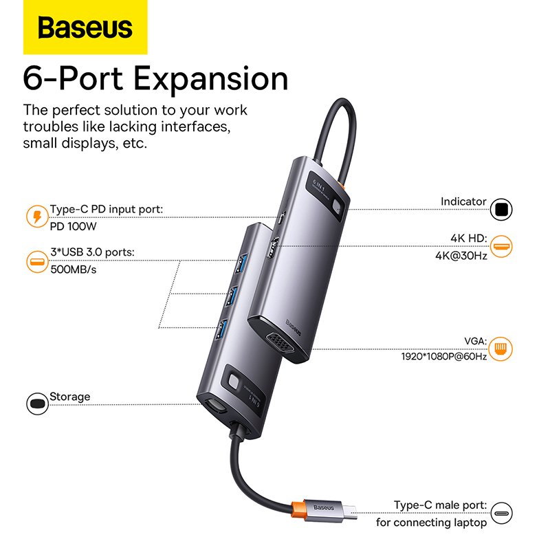 Baseus 6-in-1 Type-C HUB Star Joy Multifunctional Docking Station Gray - 1 Year Warranty - Image 11