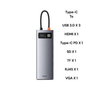 Baseus 9-in-1 Metal Gleam / Star Joy Series  Multifunctional HUB (Type C to USB 3.0*3 / HDMI*1 / VGA*1 /  RJ45 Network 1000MBPS*1 / SD& TF card reader  / Type C PD*1) - CAHUB-CU0G- 1 Year Warranty