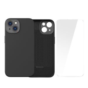 Baseus Liquid Silica Gel Series iP 14 Plus Case (Pack of 1 With Full Coverage Tempered Glass Screen Protector and Cleaning kit), Black -ARYT001401