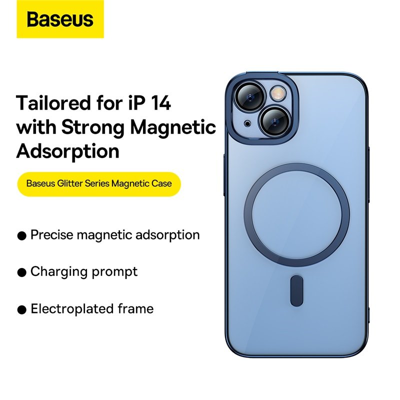 Baseus iPhone 14 Glitter Series Magnetic Case (Pack of 1 with Full Coverage Tempered Glass Screen Protector and Cleaning kit), Blue - ARMC010403 - Image 2